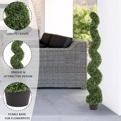 THE BLOOM TIMES 5ft Spiral Topiary Trees Artificial Outdoor Set of 2, Faux Boxwood Plants Outside - All-Year Green Fake Twisted Tree for Garden Front Porch Planter Decor 5 Foot