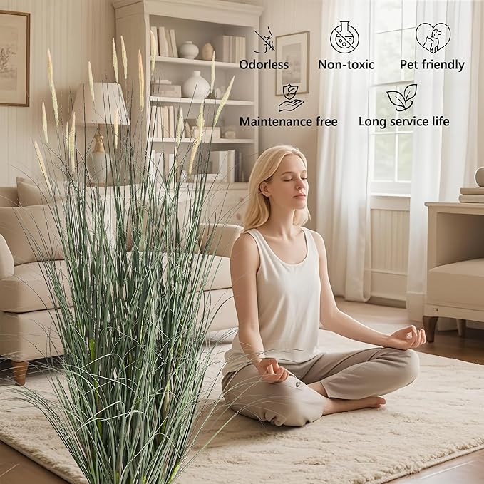 Faux 4ft 2-Pack Horsetail Reed Grass with Pink Spikes, 48in Tall Indoor Outdoor Fake Grass in Pot, Home Office Decorative Artificial Plant & Greenery, Wedding Decor Green Bristlegrass