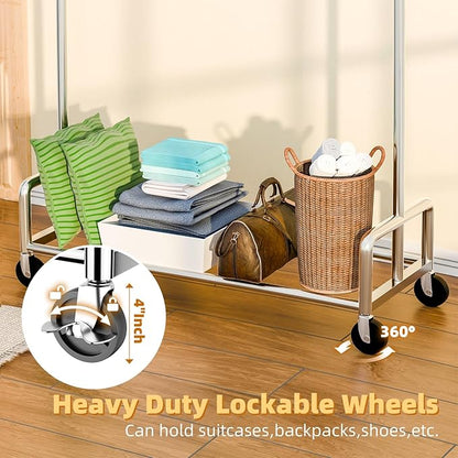 Simple Trending Heavy Duty Clothing Clothes Rack with Wheels for Hanging, Metal Rolling Garment Rack Organizer Load 500 LBS, Chrome