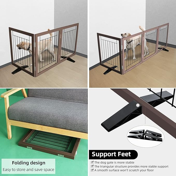 ZJSF Freestanding Dog Gate Indoor, Foldable Dog Fence for Doorways,Hallways or Stairs, Sturdy Wood Extra Wide Pet Gate with Support Feet,Brown,32 "Height-3 Panels