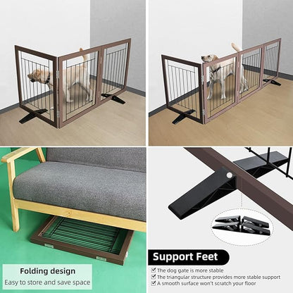 ZJSF Freestanding Dog Gate Indoor, Foldable Dog Fence for Doorways,Hallways or Stairs, Sturdy Wood Extra Wide Pet Gate with Support Feet,Brown,24 "Height-3 Panels