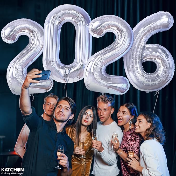 Katchon, Giant Silver 2026 Balloons - 42 Inch | New Year Balloons | 2026 Balloon Numbers | Silver Balloon for New Years Decorations 2026 | NYE Decorations | New Years Eve Party Supplies 2026