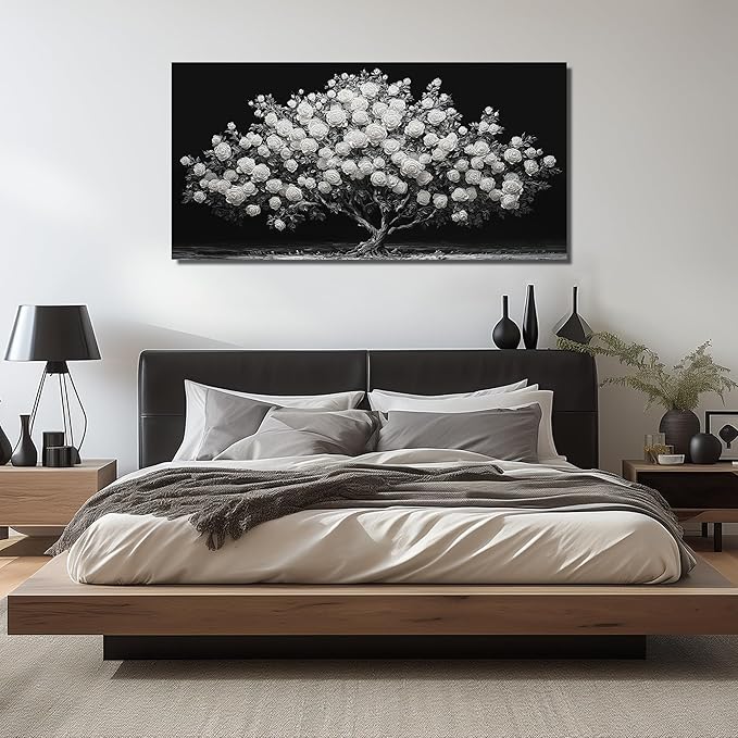 JuhaiArt Tree Painting Canvas Bedroom Black Poster Floral Wall Decor White Rose Wall Picture for Living Room Home Office 29"x 59"