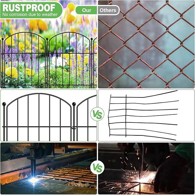 25 Panels No Dig Metal Garden Fence, Rustproof Decorative Dog & Rabbit Barrier with 11 Sturdy Stakes, Outdoor Animal Fencing for Yard, Patio, Flower Beds (Black)