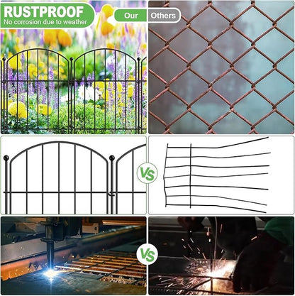 10 Panels No Dig Metal Garden Fence, Rustproof Decorative Dog & Rabbit Barrier with 11 Sturdy Stakes, Outdoor Animal Fencing for Yard, Patio, Flower Beds (Black)