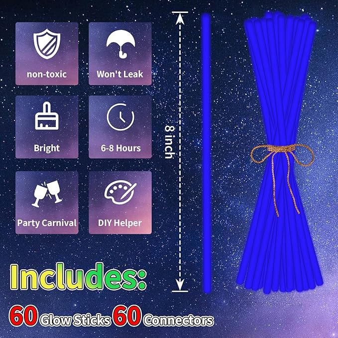 60 Pack 8” Blue Glow Sticks Bulk with 60 Connectors Neon Glow In The Dark Party favors Supplies for Holiday Birthday Party Decoration (Blue)