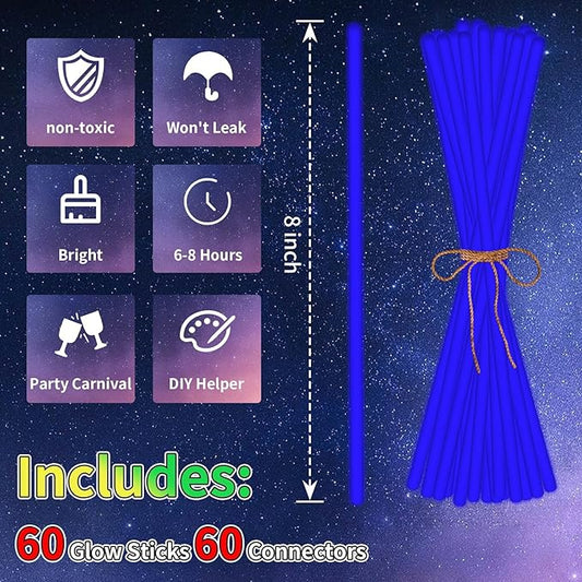 60 Pack 8” Blue Glow Sticks Bulk with 60 Connectors Neon Glow In The Dark Party favors Supplies for Holiday Birthday Party Decoration (Blue)