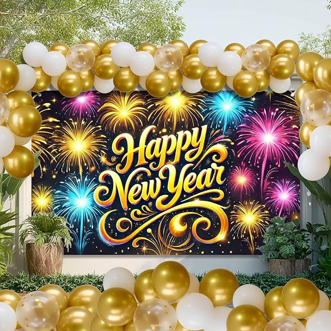 2026 Happy New Year Banner Fireworks Party Backdrop Gold Lettering New Year Eve Wall Decor Large Celebration Photo Background for Indoor Outdoor Holiday Events