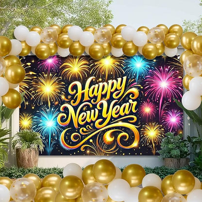 2026 Happy New Year Banner Fireworks Party Backdrop Gold Lettering New Year Eve Wall Decor Large Celebration Photo Background for Indoor Outdoor Holiday Events