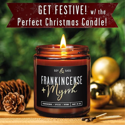 Frankincense and Myrrh Candle, Christmas Candles Scented - w/Spices, Frankincense & Myrrh - Infused with Essential Oils I Frankincense Candle I 9oz, 50Hr, Made in USA