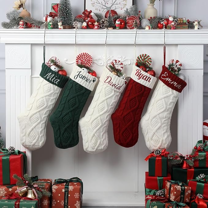Personalized Christmas Stockings,Custom Embroidered Name+Logo Xmas Knitted Stockings 18'',Holiday and Family Stocking for Fireplace Christmas Holiday Party Decoration 1-6Pack（White）