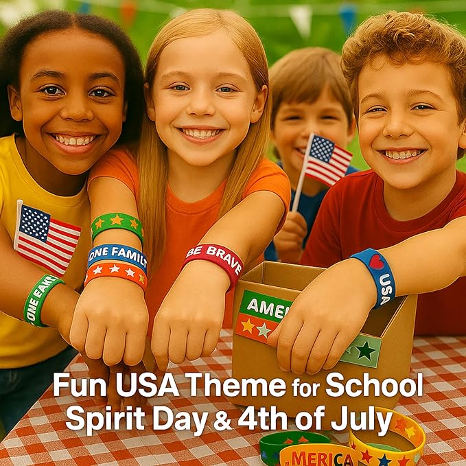 Kids Bracelets Silicone Wristbands: 24 Pack USA Theme Classroom Rewards Birthday Party Favors & School Spirit Day Gifts for Elementary Students