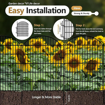 10 Panels Decorative Garden Fence with Lock, 40in (H) X 22.31ft (L) No Dig Dog Fences Outdoor for Yard, Rustproof Tall Animal Barrier Fencing, Metal Panels Suitable for Yards Border, Patio Use