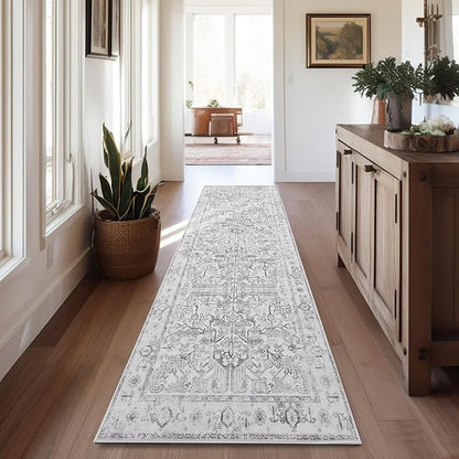jinchan Runner Rug 2x12 Long Hallway Runner Rug Thin Vintage Washable Kitchen Carpet with Rubber Backing Floral Print Floor Cover Indoor Laundry Room Bedroom Stairway (2x12ft,Grey)