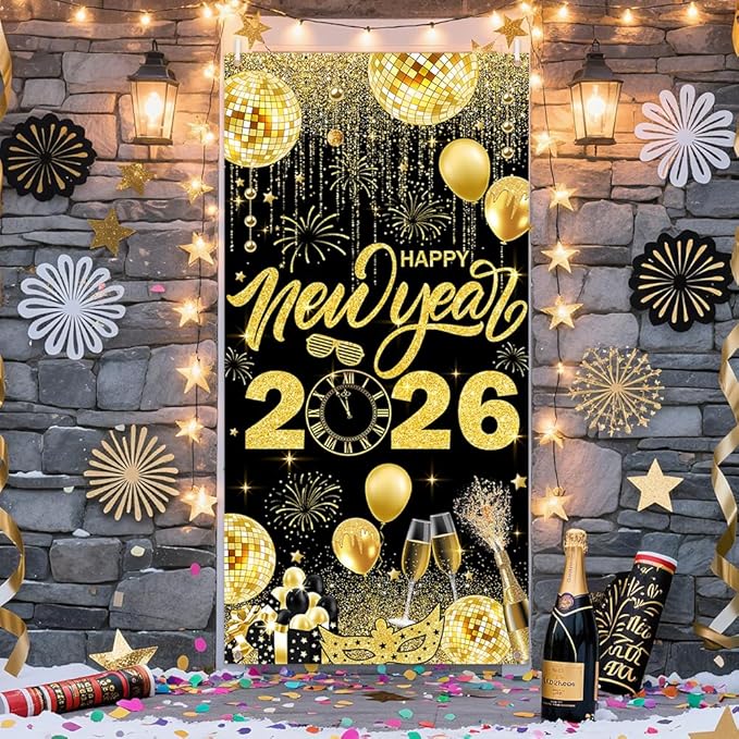 2026 Happy New Year Banner Black and Gold Photography Background New Years Eve Party Decoration Backdrop Holiday Party Hanging Poster Background Banner 35.4x70.8 inch