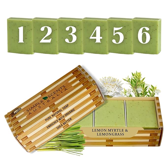 SSA Lemongrass & Lemon Myrtle Natural Soap Bars (6 Pack), 3.5 oz French Triple Milled Moisturizing Soap Bars Enriched with Organic Shea Butter | Ecofriendly Face & Body Bars For All Skin Types