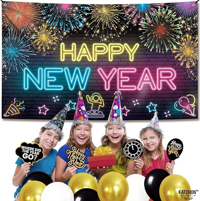 KatchOn, XtraLarge Neon Happy New Year Banner - 72x44 Inch | Neon New Year Backdrop 2026 | New Years Decorations 2026 | NYE Eve Banner For NYE Decorations 2026 | New Years Eve Party Supplies 2026