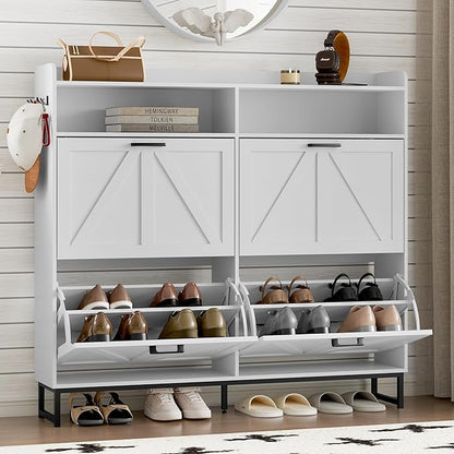 Shoe Cabinet with 4 Flip Drawers Narrow Shoe Storage Cabinet Organizer Wooden Freestanding Shoe Rack Hidden Slim Shoes Storage Cabinet for Entryway, Hallway, Living Room, Bedroom