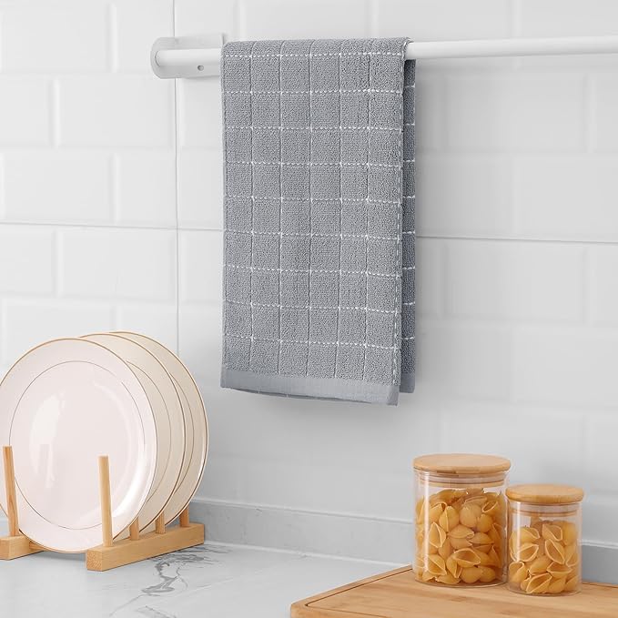 Mordimy 100% Cotton Terry Cloth Kitchen Towels, Super Soft and Absorbent Dish Towels for Drying, Checkered Designed Hand Towels for Kitchen, 16 x 26 Inches, 8 Pack, Light Grey