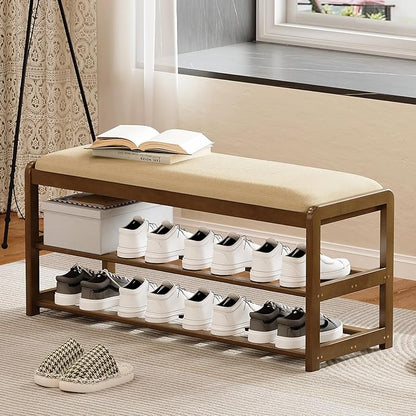 2-Tier Bamboo Shoe Bench with Cushion and Hidden Drawer, Entryway Shoe Rack Organizer with Storage for Hallway, Bedroom, Front Door, Mudroom Seating Bench, Walnut