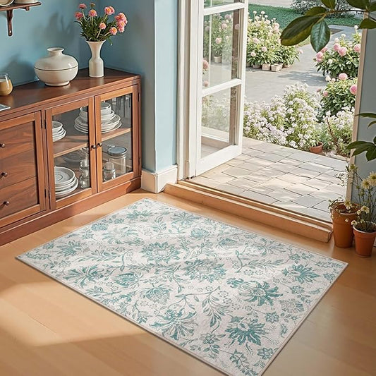 jinchan 3x5 Area Rugs for Entryway Vintage-Inspired Floral Design Machine Washable Non-Slip Low-Pile Rug Ultra-Thin Indoor Traditional Accent Carpet for Entrance Kitchen Bedroom Hallway