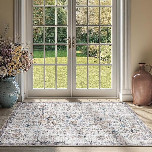 jinchan Area Rug 3x5 Washable Entryway Rug Vintage Door Mat Indoor Entrance Thin Retro Distressed Floral Doormat Country Boho Lightweight Non Slip Carpet for Bathroom Kitchen Bedroom Blue Multi