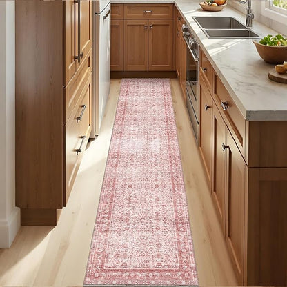 OPPODREAM Thin Vintage Pink 2x10 Runner Rug, 2 x 10 Retro Washable Rug Non Slip, Low-Pile Faux Wool Carpet, Distressed Floor Mat for Kitchen, Hallway, Entry-Way, Entrance, Indoor Back Door