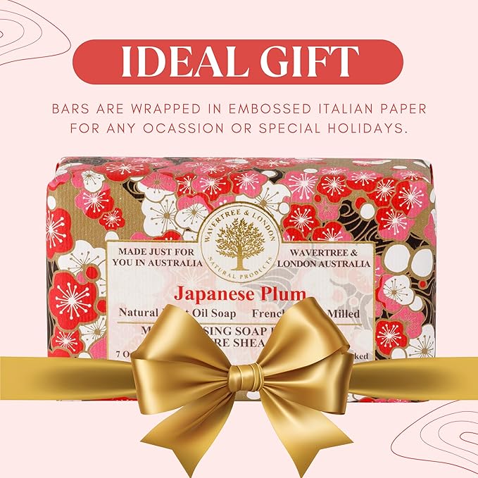 Wavertree & London Japanese Plum Scented Natural Soap Bar, 7oz Moisturizing French Triple Milled Soap Bar for Women & Men Enriched with Organic Shea Butter, Pure Bath & Body Soap (1 Bar)