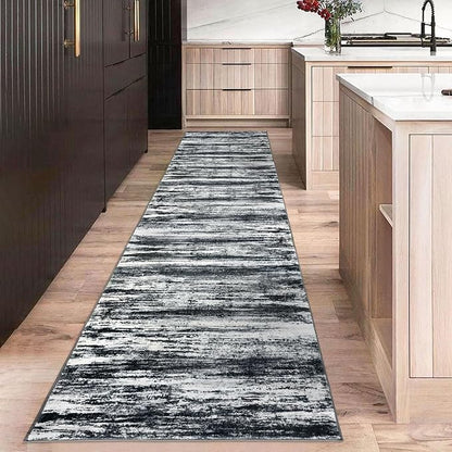 KOZYFLY 3x10 Ft Rug Modern Ombre Runner Rug for Hallway, Washable Kitchen Rugs Non-Slip Soft Striped Entryway Rug, Print Black Navy Blue Grey Abstract Carpet for Laundry Nursery