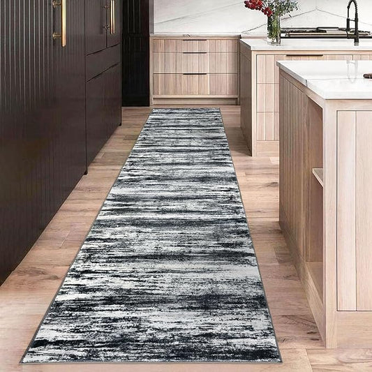 KOZYFLY 3x10 Ft Rug Modern Ombre Runner Rug for Hallway, Washable Kitchen Rugs Non-Slip Soft Striped Entryway Rug, Print Black Navy Blue Grey Abstract Carpet for Laundry Nursery