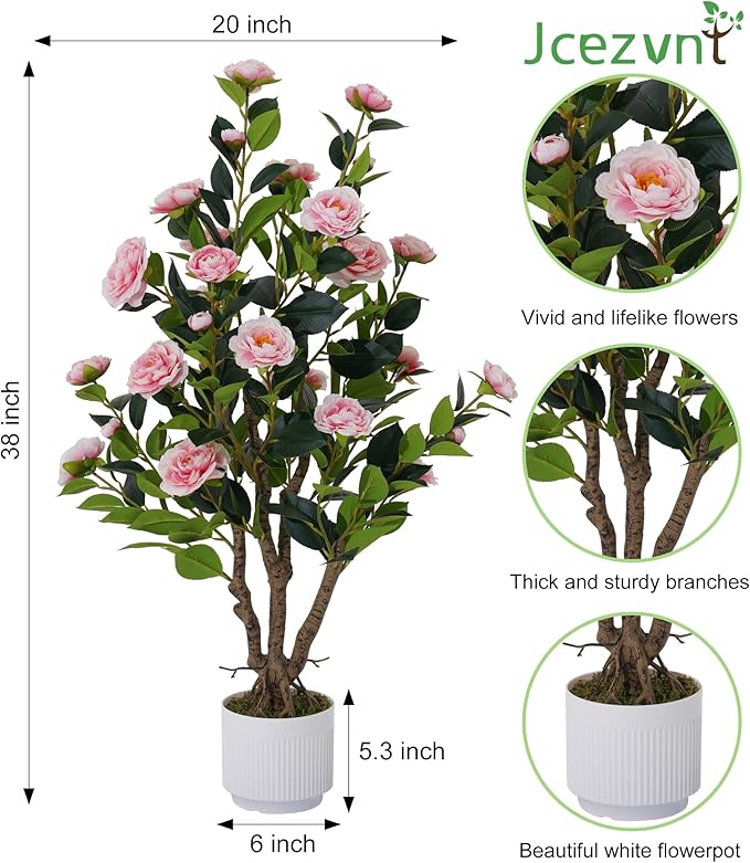 2 Pack Artificial Camellia Tree with White Pot, 38" Faux Potted Plants for Indoor Outdoor Decor, Tall Silk Greenery Plant for Home Office Living Room Balcony, Pink