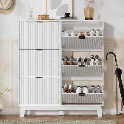Shoe Cabinet Storage for Entryway with 6 Flip Drawers, Fluted Narrow Shoe Organizer with Wooden Legs, Freestanding Slim Shoe Storage Hidden Shoe Rack Organizer for Front Door Entrance, White