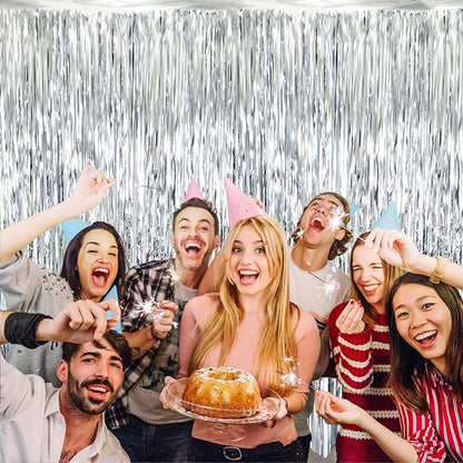 GOER 6.4 ft x 8.2 ft Metallic Tinsel Foil Fringe Curtains,Pack of 2 Party Streamer Backdrop for Birthday,Graduation Decorations and New Year Eve (Silver)