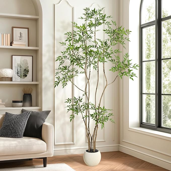Garvee Nandina Artificial Plants with Sphere Planter Pot, Artificial Tree Indoor with Moss and Pebbles, 7FT Fake Potted Tree for Indoor & Home Office Decor