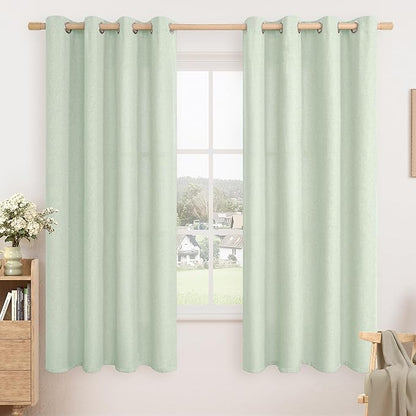 LAMIT Linen Window Curtains for Living Room, 63 inches Long Grommet Thermal Insulated Thick Curtains Privacy Boho Panels for Outdoor/Farmhouse, Set of 2 Panels, W52 x L63, Light Green
