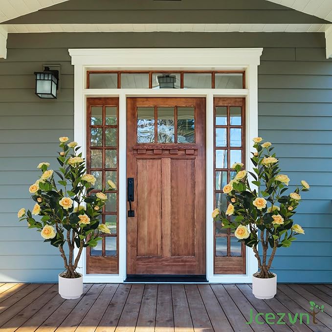 2 Pack Artificial Camellia Tree with White Pot, 38" Faux Potted Plants for Indoor Outdoor Decor, Tall Silk Greenery Plant for Home Office Living Room Balcony, Yellow