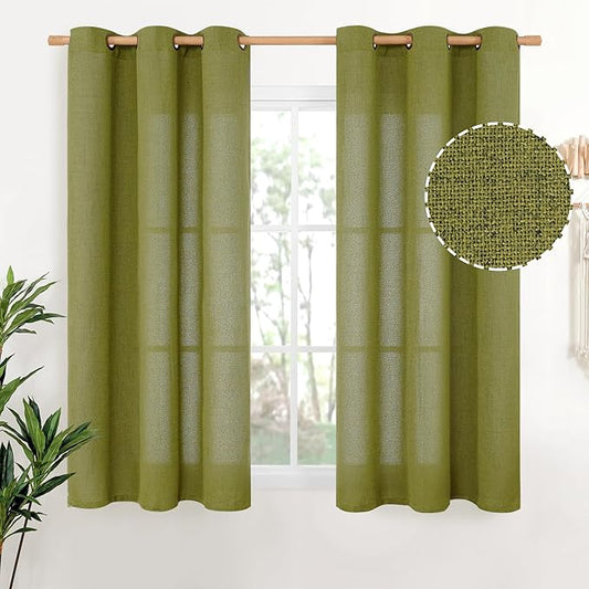 YoungsTex Olive Green Curtains 40 Inches Length for Short Window - Linen Textured Drapes Privacy Light Filtering with Bronze Grommet for Kitchen/Cafe/Country Decorative Privacy, 42 x 40 Inch, 2 Panels