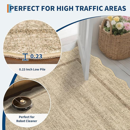 GarveeHome Scalloped Washable Runner Rug 2x8 Runner Modern Non Slip Kitchen Rugs Entryway Rug Farmhouse Soft Bathroom Rugs Stain Resistant Carpet for Hallway Laundry Bedroom 2 ft x8 ft Jute