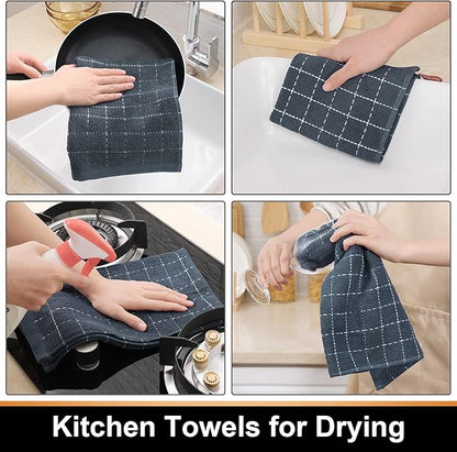 Mordimy 100% Cotton Terry Cloth Kitchen Towels, Super Soft and Absorbent Dish Towels for Drying, Checkered Designed Hand Towels for Kitchen, 16 x 26 Inches, 4 Pack, Grey