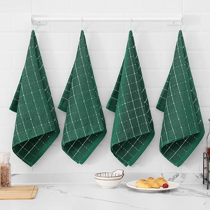 Mordimy 100% Cotton Terry Cloth Kitchen Towels, Super Soft and Absorbent Dish Towels for Drying, Checkered Designed Hand Towels for Kitchen, 16 x 26 Inches, 8 Pack, Dark Green