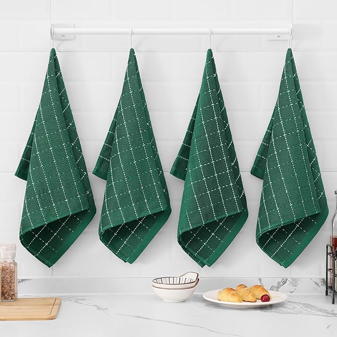 Mordimy 100% Cotton Terry Cloth Kitchen Towels, Super Soft and Absorbent Dish Towels for Drying, Checkered Designed Hand Towels for Kitchen, 16 x 26 Inches, 4 Pack, Dark Green