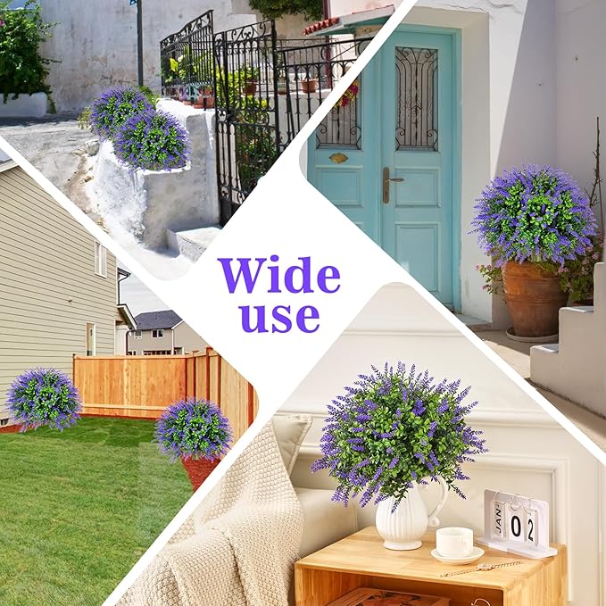 LAFORMO Artificial Lavender Topiary Ball Trees with Ground Spike, 2 Pack 15.7" UV Resistant Artificial Shrubs, Fake Evergreen Artificial Plant Brush for Indoor Outdoor Front Porch Garden