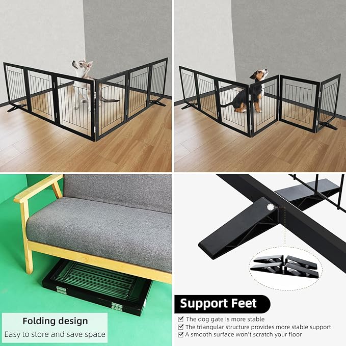 ZJSF Freestanding Dog Gate Indoor, Foldable Dog Fence for Doorways,Hallways or Stairs, Sturdy Wood Extra Wide Pet Gate with Support Feet,Black,24 "Height-6 Panels