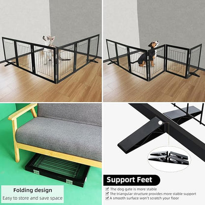 ZJSF Freestanding Dog Gate Indoor, Foldable Dog Fence for Doorways,Hallways or Stairs, Sturdy Wood Extra Wide Pet Gate with Support Feet,Black,24 "Height-6 Panels