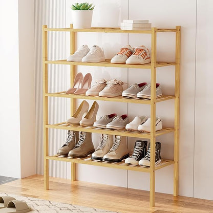 Smiry Shoe Rack, 5 Tier Bamboo Shoe Organizer, Stackable Free Standing Wooden Shoe Storage Shelf for Closet, Entryway, Front Door Entrance, Natural