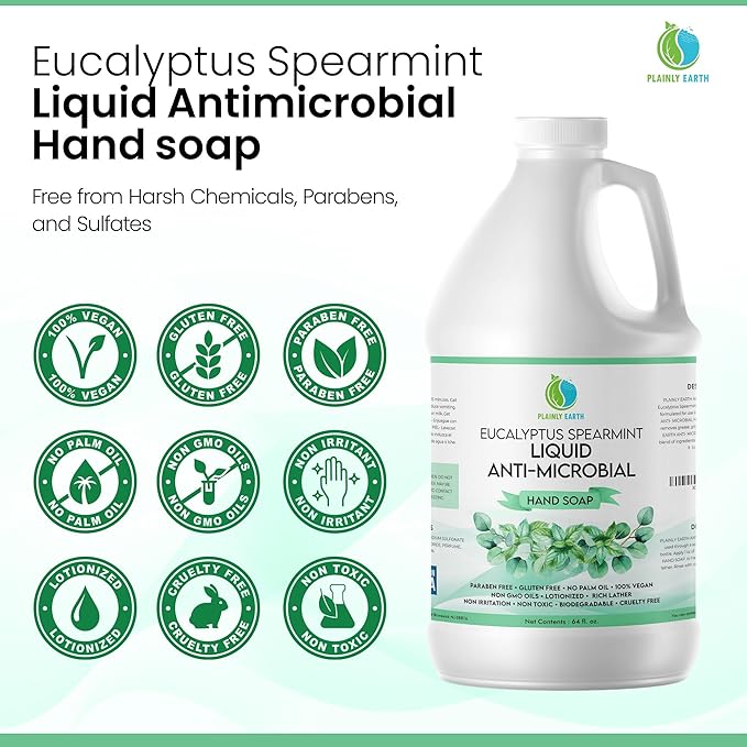 AntiMicrobial Hand Soap 64 oz - Eucalyptus Spearmint Gentle Liquid Hand Soap Refill Antibacterial - Moisturizing, Long Lasting Freshness & Safe for Skin