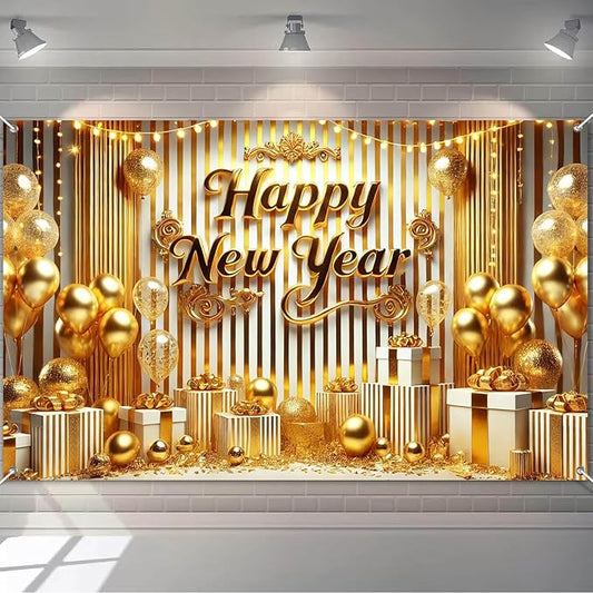 Happy New Year Banner 2026 71 x 43 Inch Gold New Year Party Decoration Photo Backdrop for Celebration Holiday Party Decor Wall Hanging Indoor Outdoor Event
