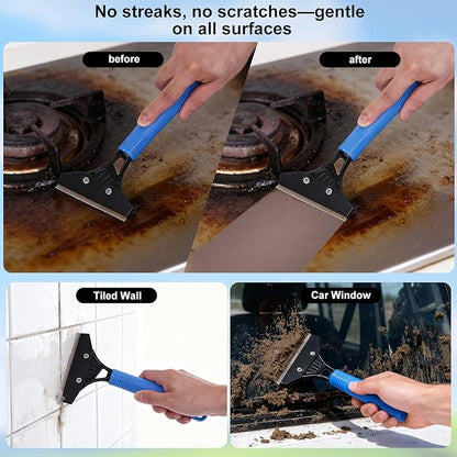 3-in-1 Professional Window Squeegee Kit with 2 Squeegee, 2 Microfiber Scrubber, 1 Razor Scraper, Thick Iron, 77.5" Window Squeegee with Extension Pole for Car, Glass, Mirror, Wall, Bathroom, Home, Van