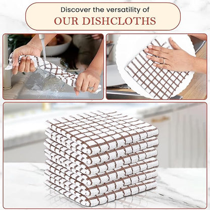 Vintage Vista 100% Cotton Dish Cloths (Pack of 6) - Dish Rags for Washing Dishes - Reusable & Highly Absorbent Kitchen Towels - Kitchen Rags for Christmas - (12" x 12" - Natural Brown Checkered)