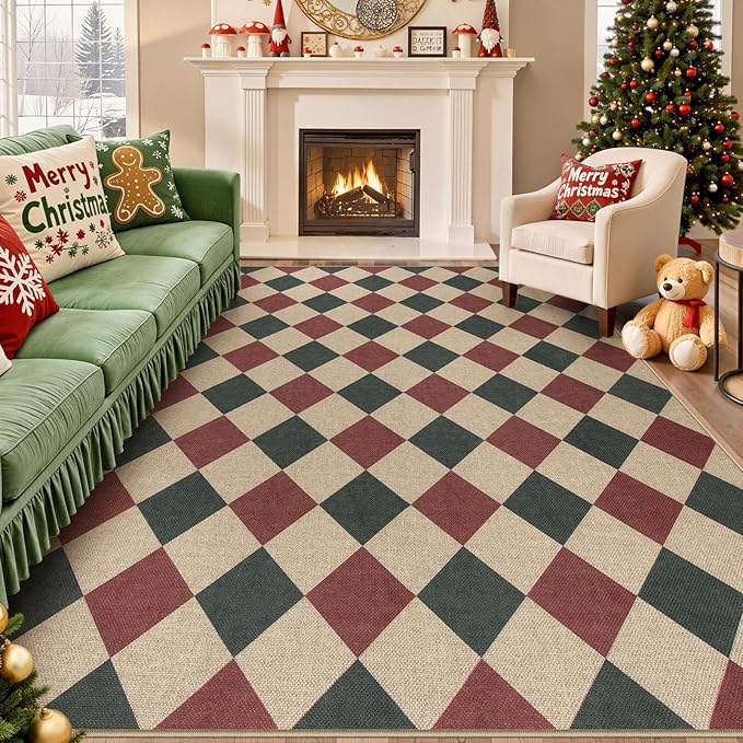 Lahome Christmas Rugs for Living Room, 8x10 Christmas Decorations Red and Green Rug, Checkered Outdoor Non Slip Non Shedding Xmas Decor for Bedroom Dining Room Deck